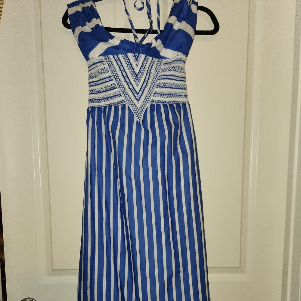 Tanya Taylor Blue and White Patterned Maxi Dress